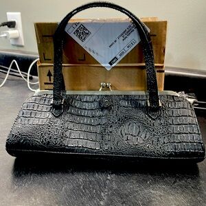 White House Black Market Kisslock Clutch Stitch Fabric Leather Blend Bag